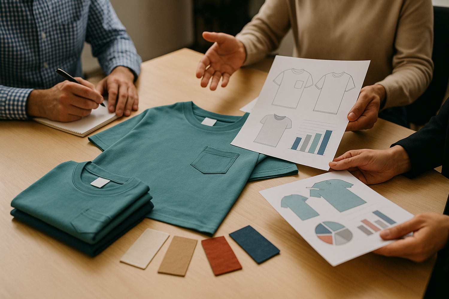 Proceso de personalización textil en Prinx con muestras de color y camisetas impresas en DTF, sublimacion o vinilo.