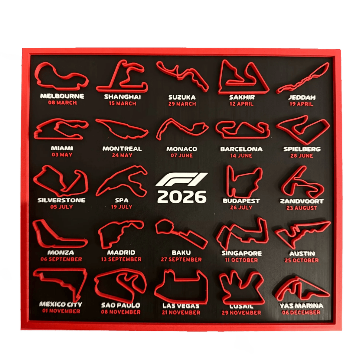 Calendario F1 2026 impreso en 3D | Circuitos Fórmula 1 - Prinx 3D